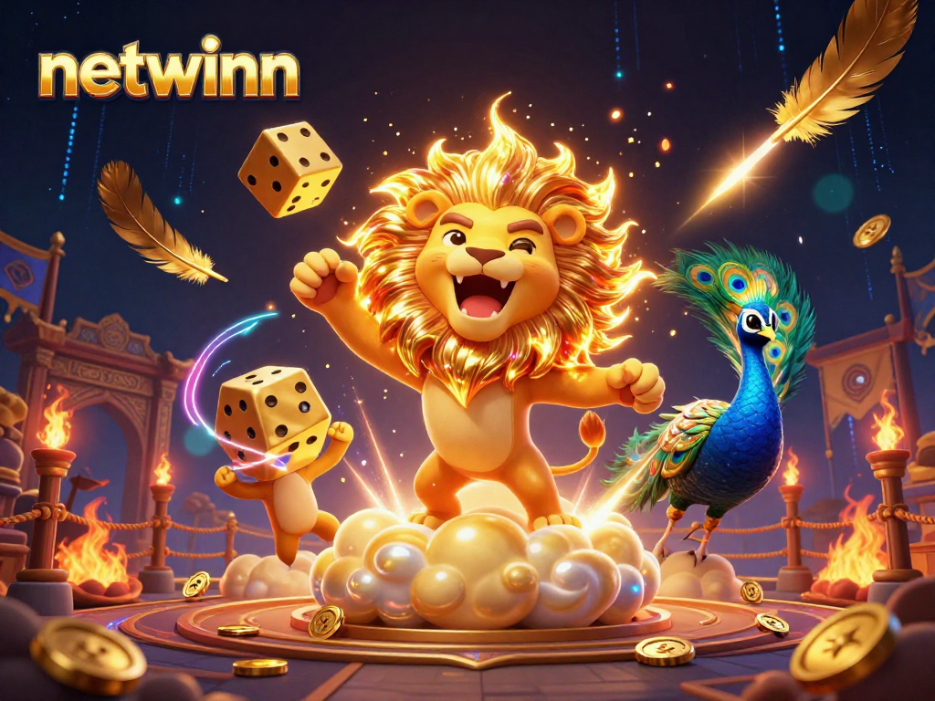 Engage with netwinn's vibrant gaming universe featuring a roaring lion amidst dynamic casino elements.