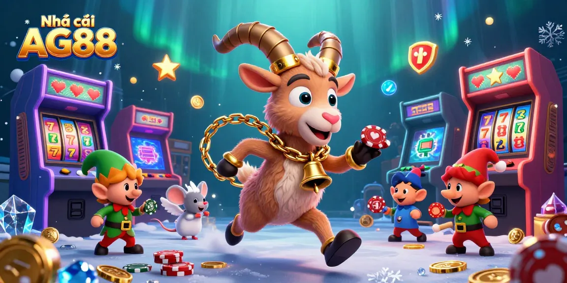 Experience the thrills of Nhà cái AG88 with a dynamic festive casino scene, featuring characters and slots.