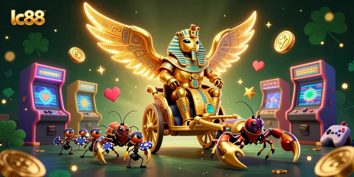 Engage with lc88 in this vibrant 3D illustration of a magical casino world featuring a colossal golden scarab.
