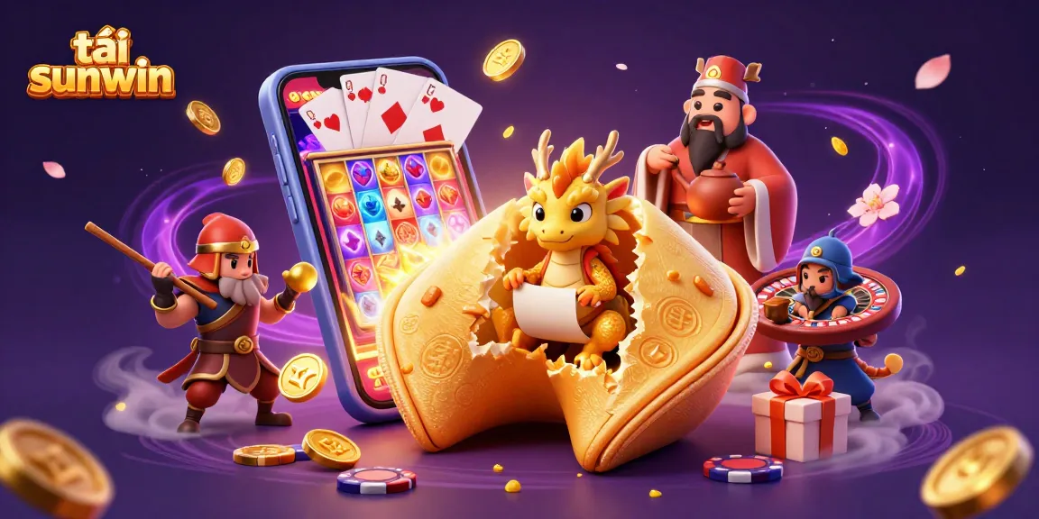 Tải sunwin with a dynamic casino scene featuring a golden fortune cookie and vibrant game elements.