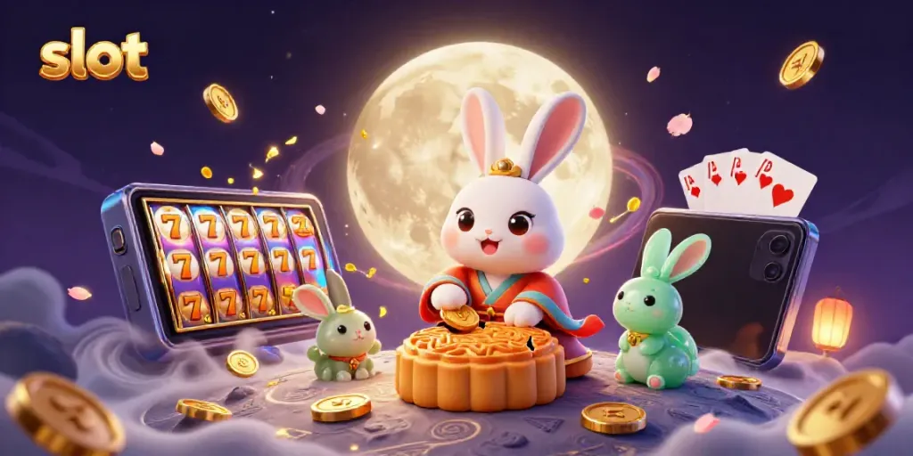 Slot yang menampilkan kelinci bulan yang bermain mesin slot dan poker chip muncul dari bulan dengan suasana ceria.