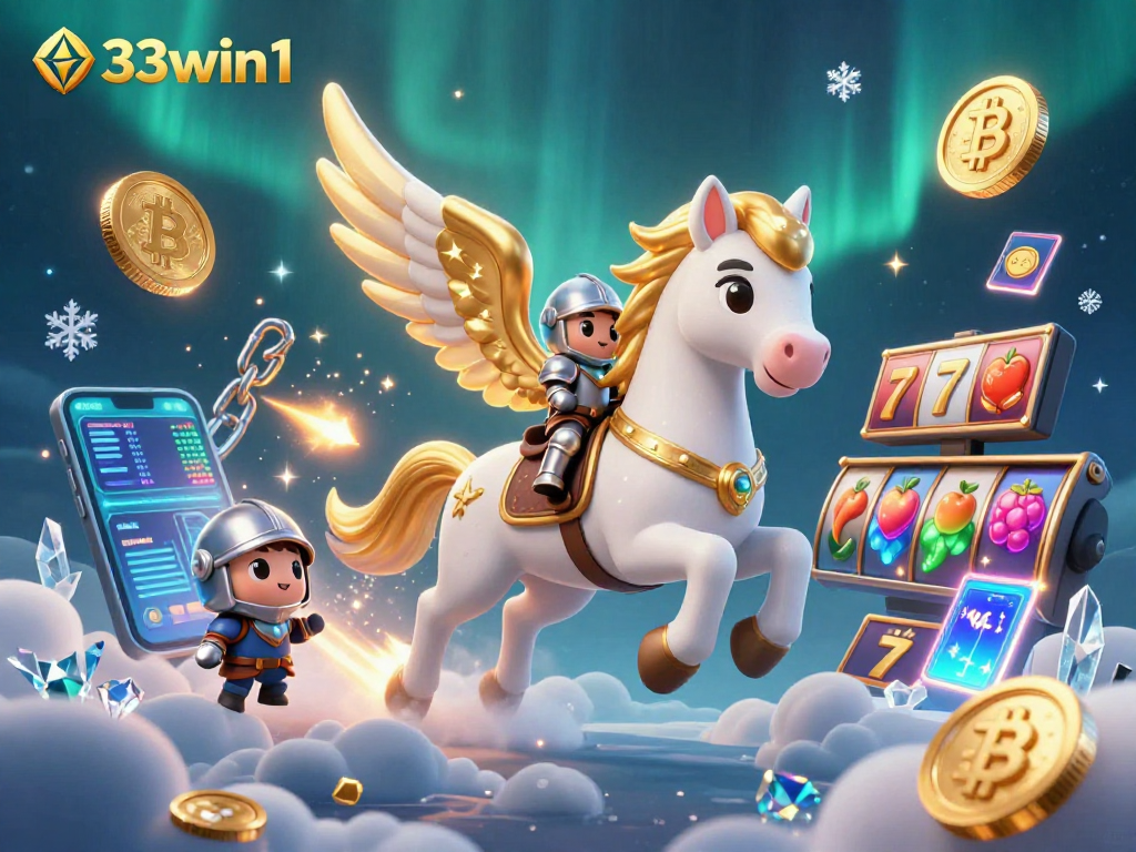 Experience fun casino action with 33win1, featuring a magical horse and crypto-themed elements.
