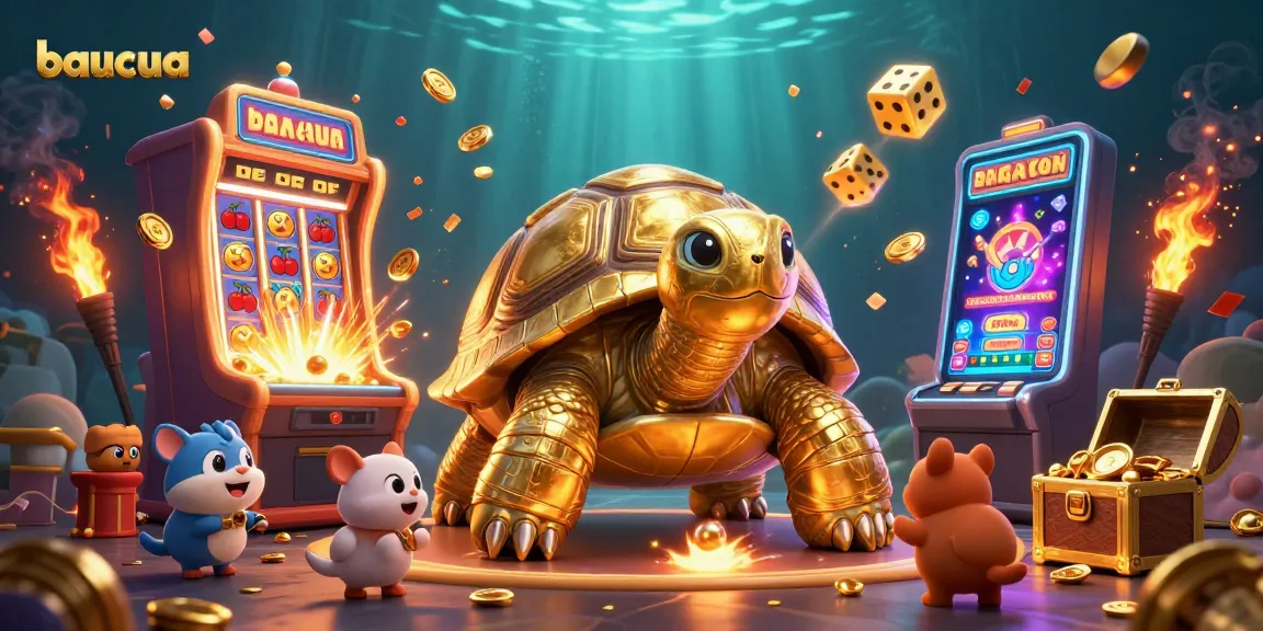 Engage in the exciting world of baucua with vibrant golden tortoise and dynamic casino elements.