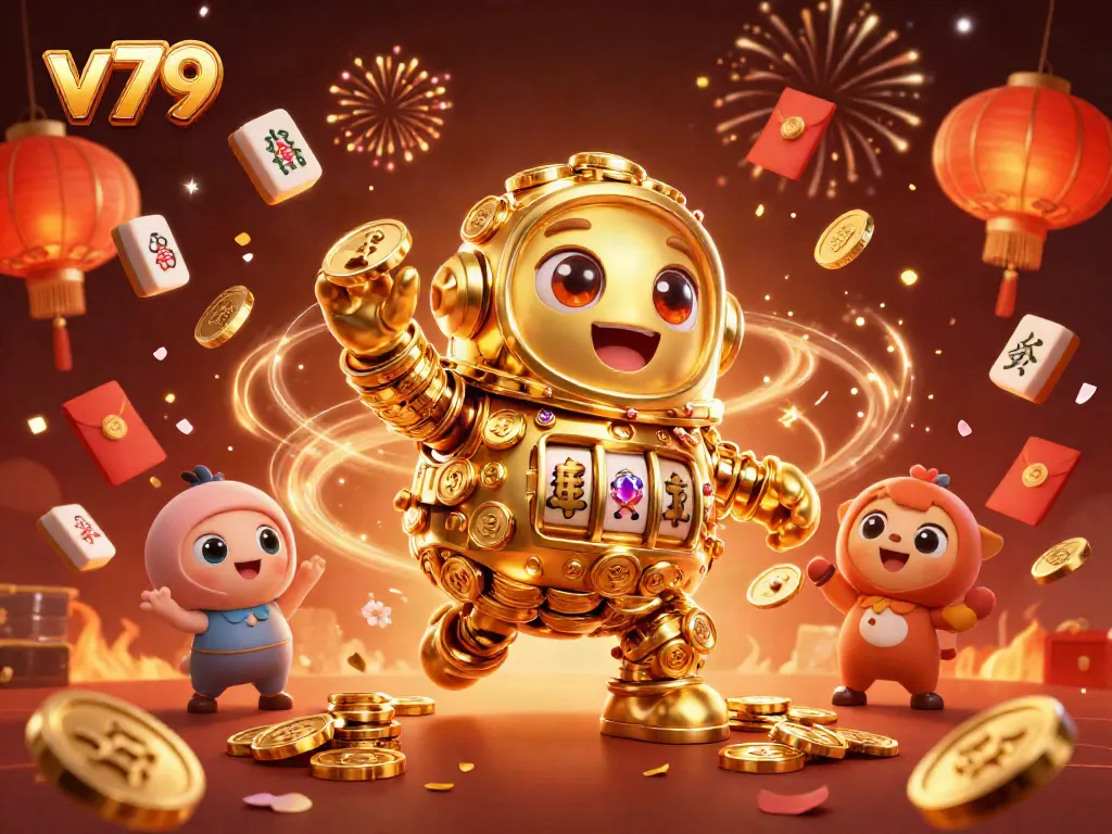 Experience the excitement at v79 with a vibrant casino-themed 3D illustration featuring a golden golem and festive elements.