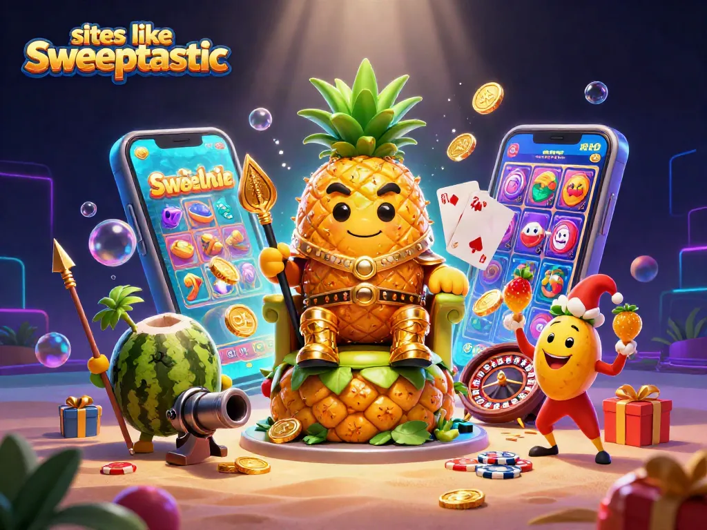 Spin and win at sites like sweeptastic with colorful slot games and exciting prizes in this lively illustration.
