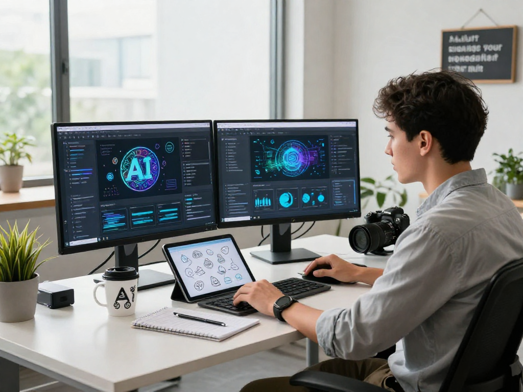 AI 18+ professionals collaborating in a modern workspace showcasing innovative technology and creative applications.