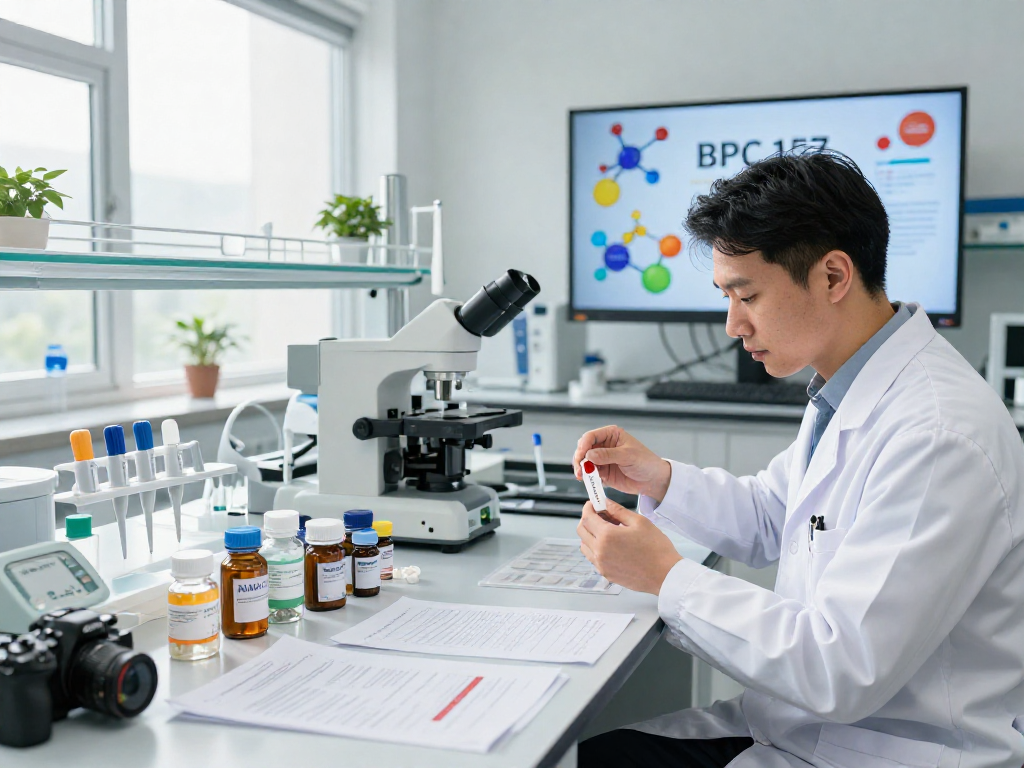 BPC 157 Benefits showcased in a modern lab with researchers creating advanced buccal strips.