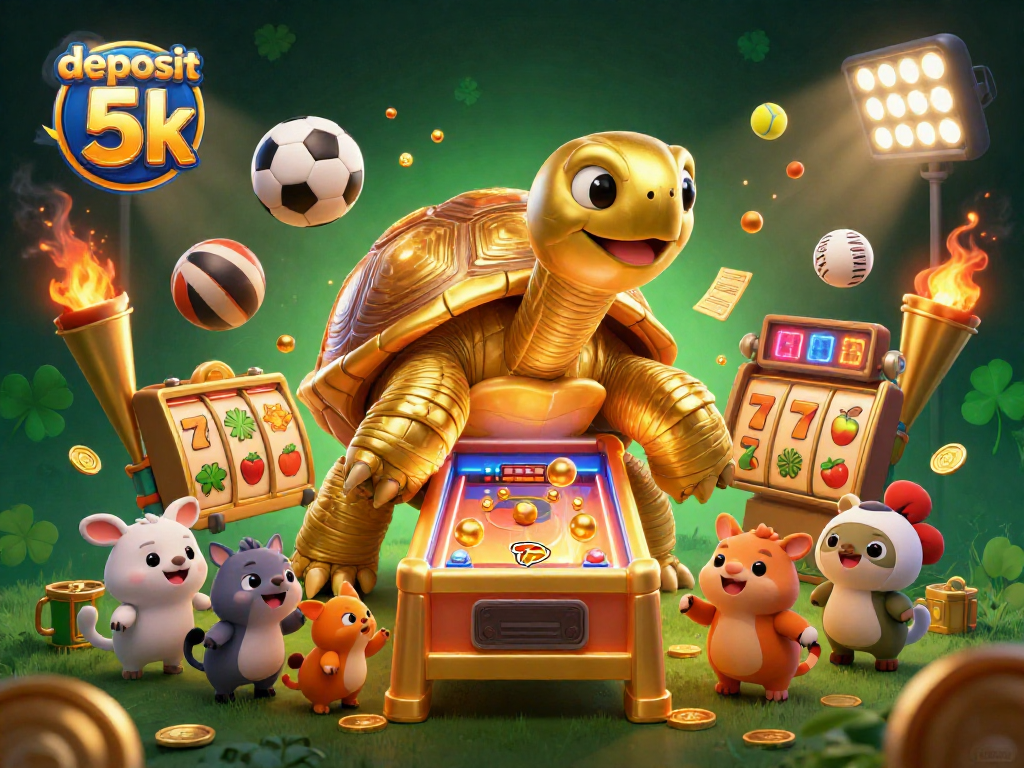 Experience fun at the deposit 5k casino with a golden tortoise pinball machine and lively gaming action.