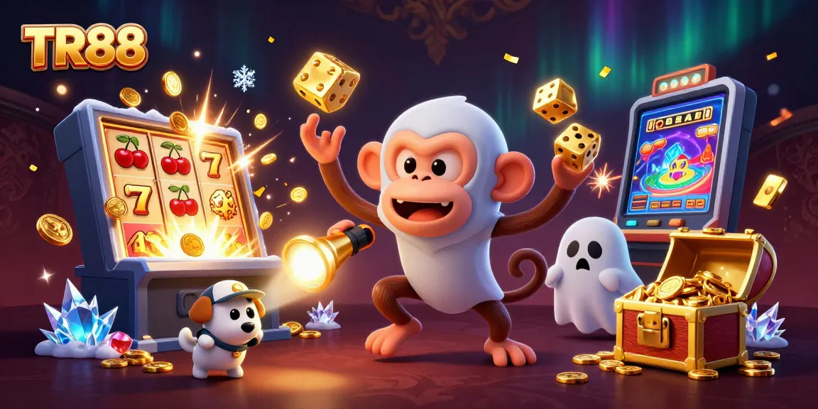 Join the adventure at TR88, where a playful poltergeist monkey juggles gold while a curious puppy tracks it through a vibrant casino.