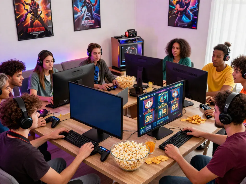 A lively group playing situs gacor online slots in a cozy living room with snacks, vibrant gaming lights, and screen excitement.