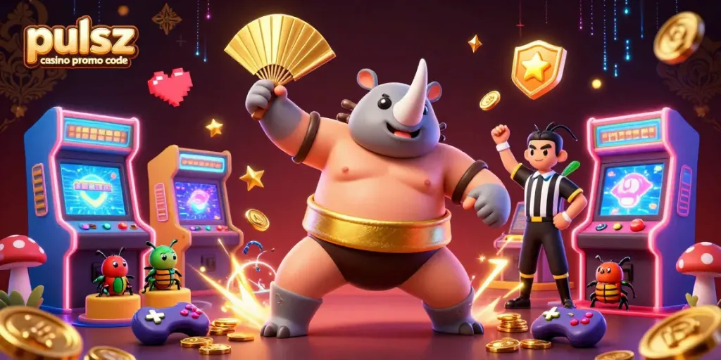 Pulsz casino promo code image featuring a vibrant 3D scene with a beetle champion celebrating as coins fly