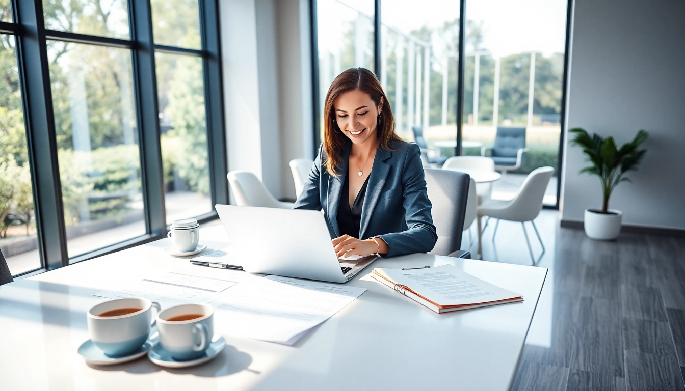 Streamlined Contract Management. process demonstrated by a professional in a modern office setting.