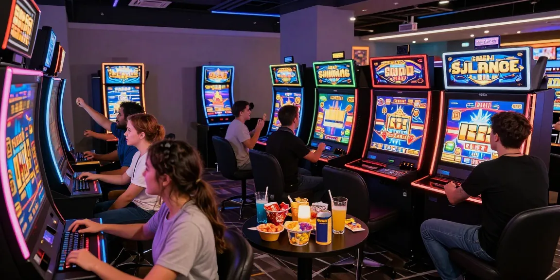Players enjoying an engaging slot mpo session in a modern gaming lounge, with vibrant graphics and lively atmosphere.