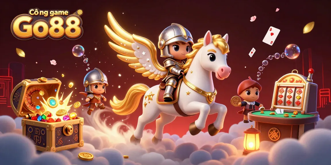 Cổng game Go88 offers an immersive experience with a colorful 3D scene featuring a celestial horse and knight, surrounded by casino elements.