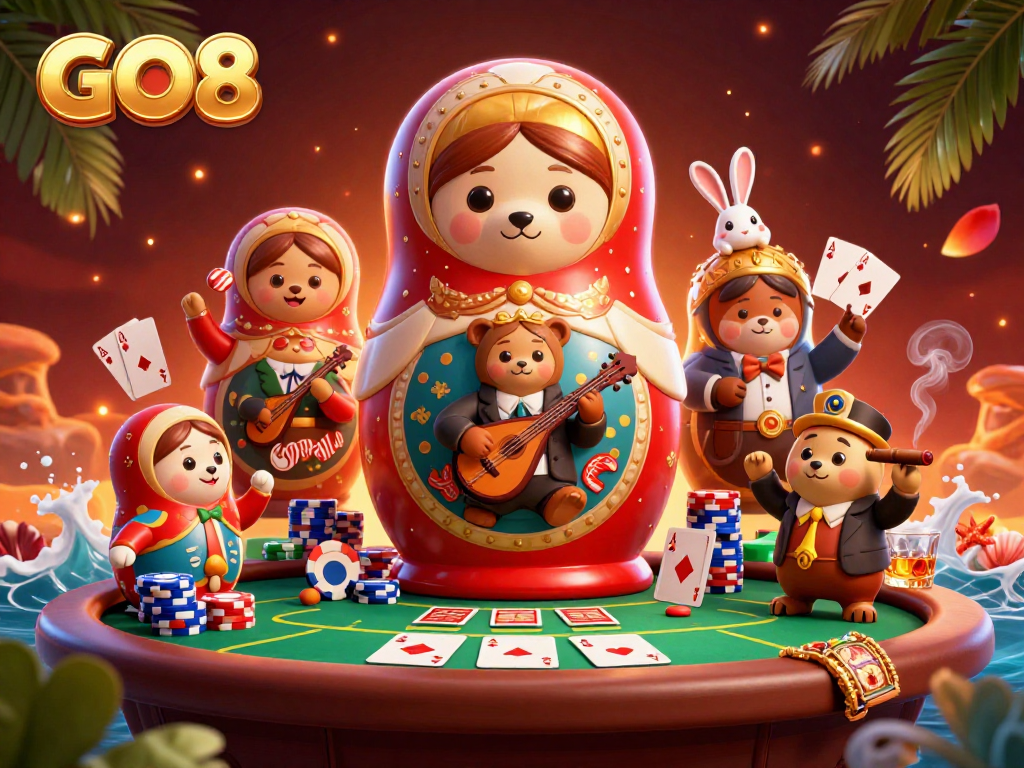Experience thrilling gaming with GO8's vibrant 3D casino scene featuring interactive elements and engaging characters.