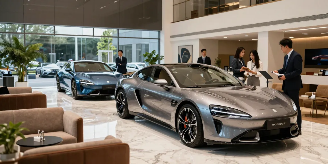 Pengunjung melihat mobil mewah LUXURY 777 di showroom kaya dengan atmosfer elegan.
