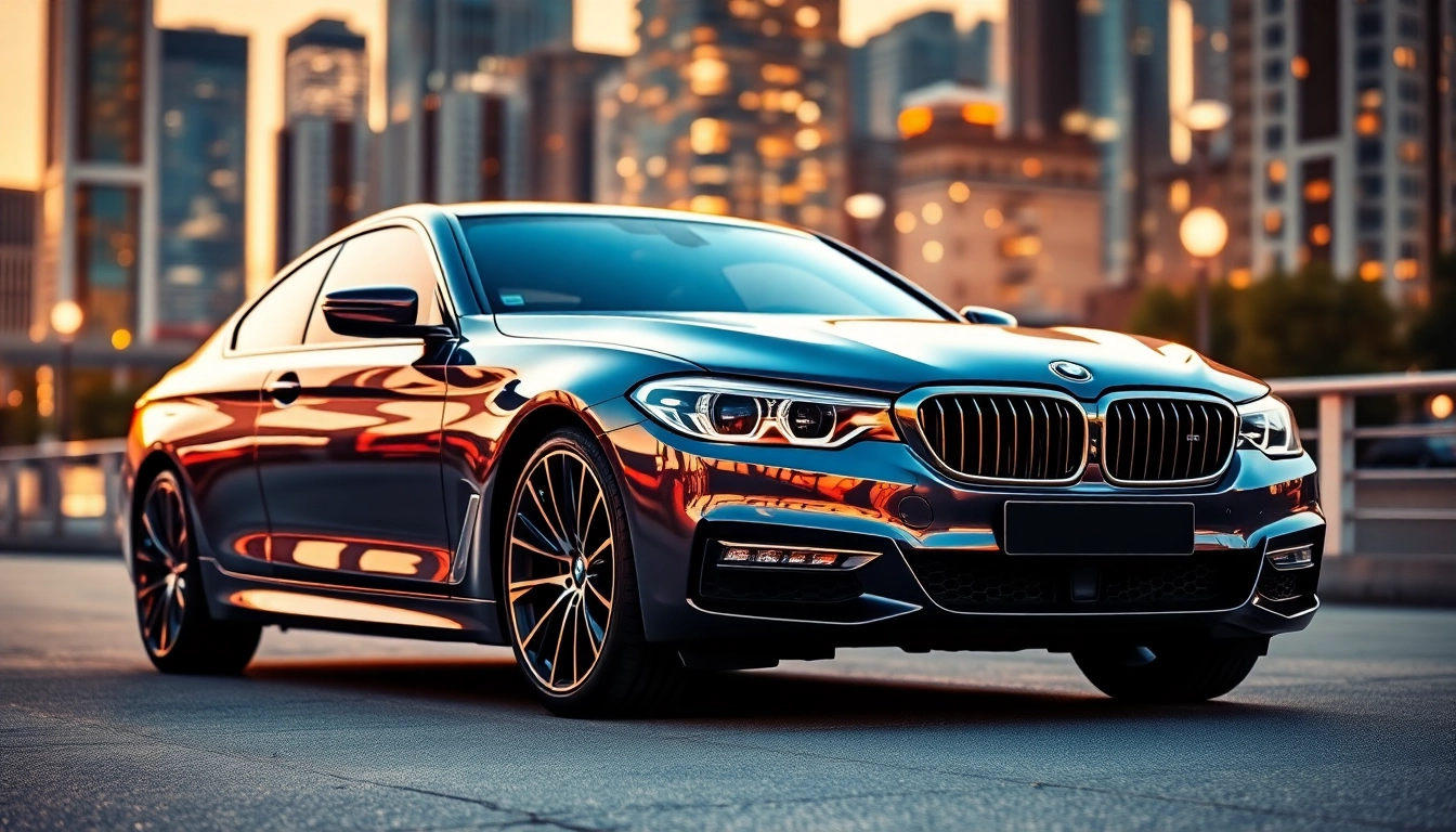 Elegant luxury BMW car showcasing sleek design set against a vibrant urban backdrop.