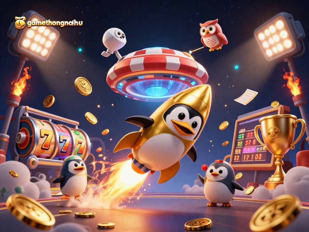 Experience gamethuongnohu's dynamic gameplay with golden penguins and thrilling slots in this bold Vegas-themed illustration.