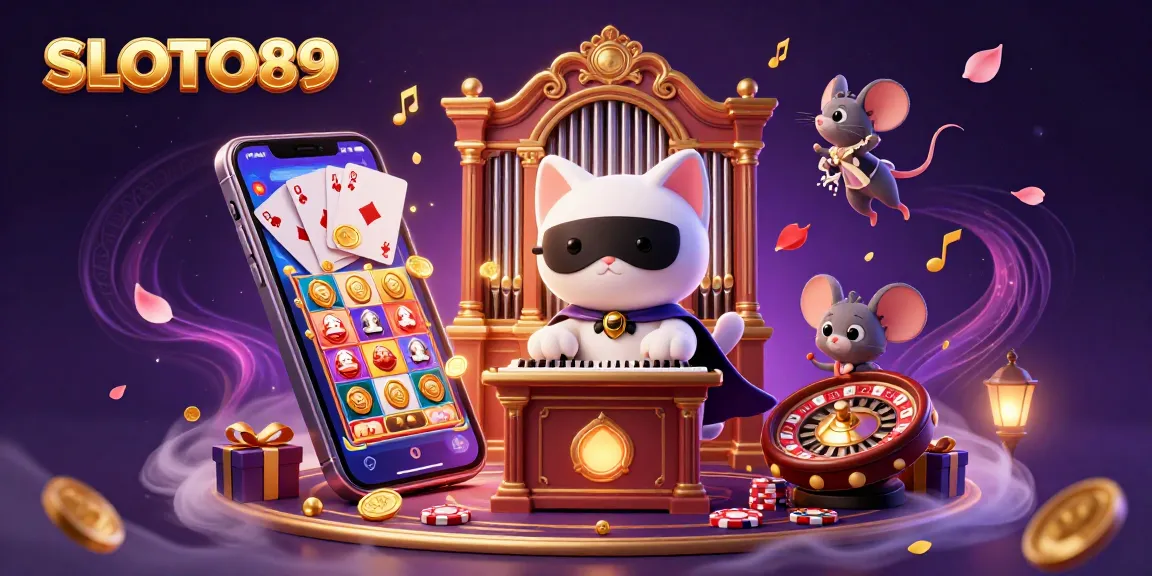 SLOTO89 engages players with a vibrant casino scene featuring a playful white cat and golden coins flowing in action.