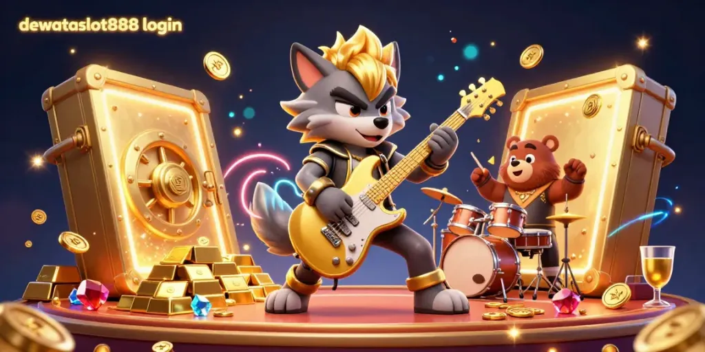 Visualisasi ceria bergaya kartun 3D dengan karakter rock star dan akses visual ikonik yang mengandung "dewataslot888 login".