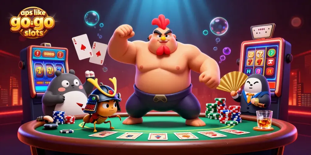 Engage with apps like go go gold slots in a vibrant casino scene featuring cartoon characters playing spirited poker.