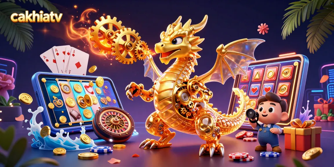 Experience the thrill of cakhiatv as a biomechanical dragon breathes winning gears in a vibrant casino scene.
