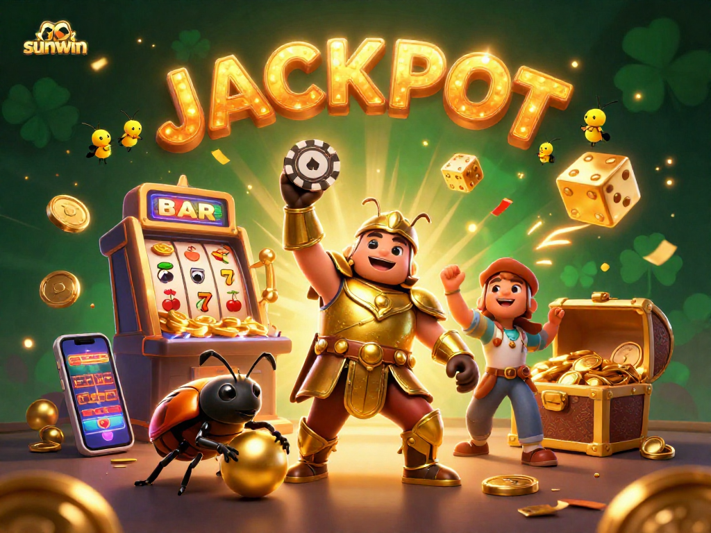 Experience the excitement of sunwin with a vibrant jackpot scene featuring dynamic characters and casino elements.