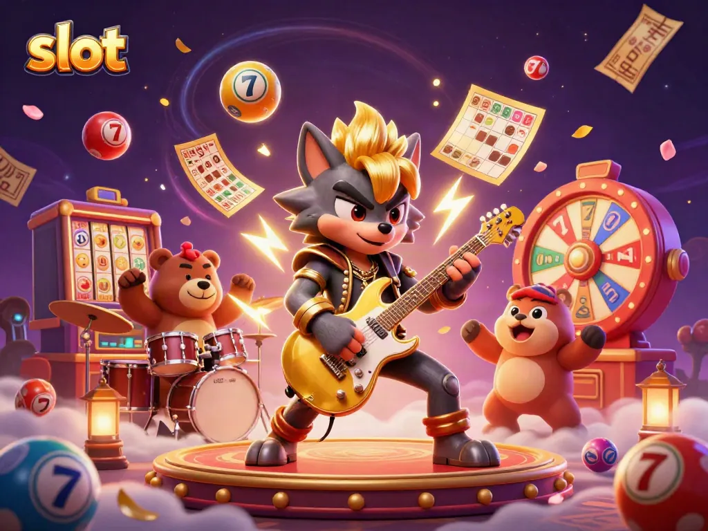 Slot terlihat di petunjukan 3D dengan karakter serigala berbintang dan elemen judi yang menarik.
