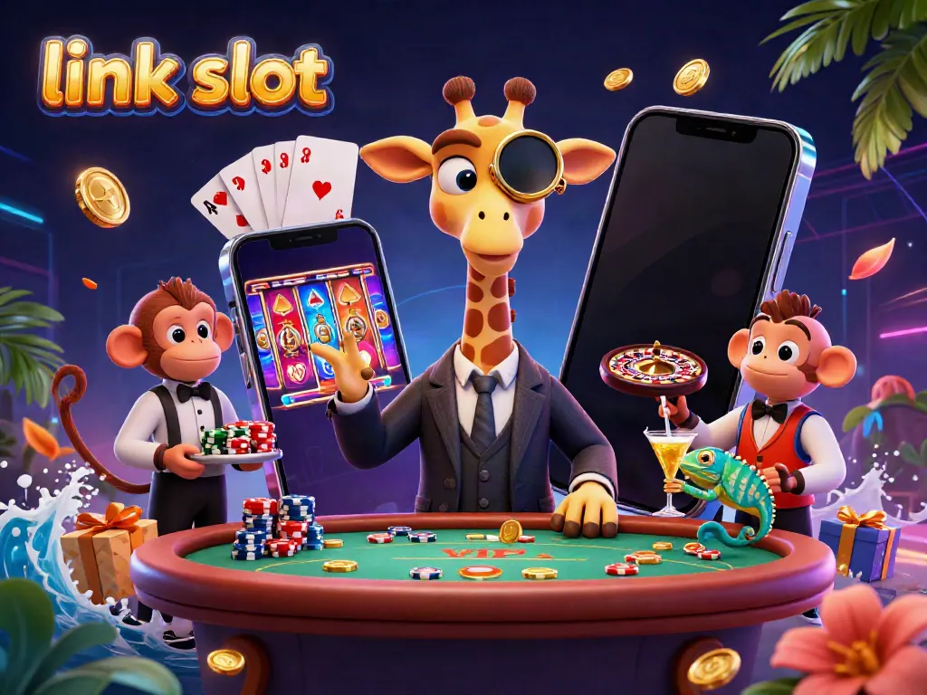Gambarkan pengalaman bermain slot dalam ilustrasi 3D dengan link slot dikelilingi uang koin emas dan elemen perjudian