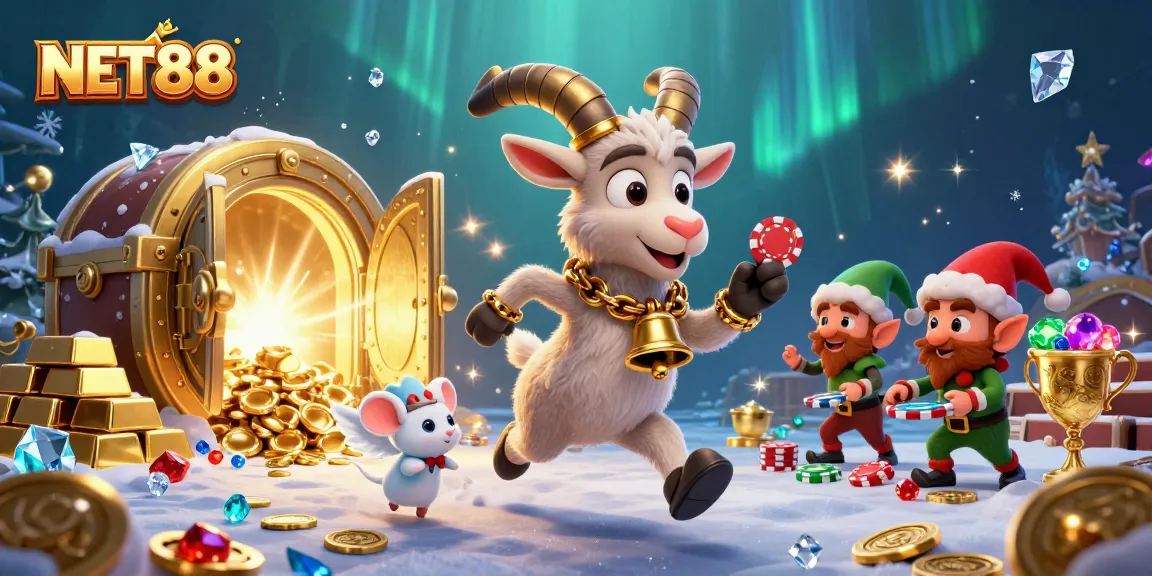 NET88 showcases a lively scene with Krampus goat, angel mouse, and elf gremlins in a festive casino.