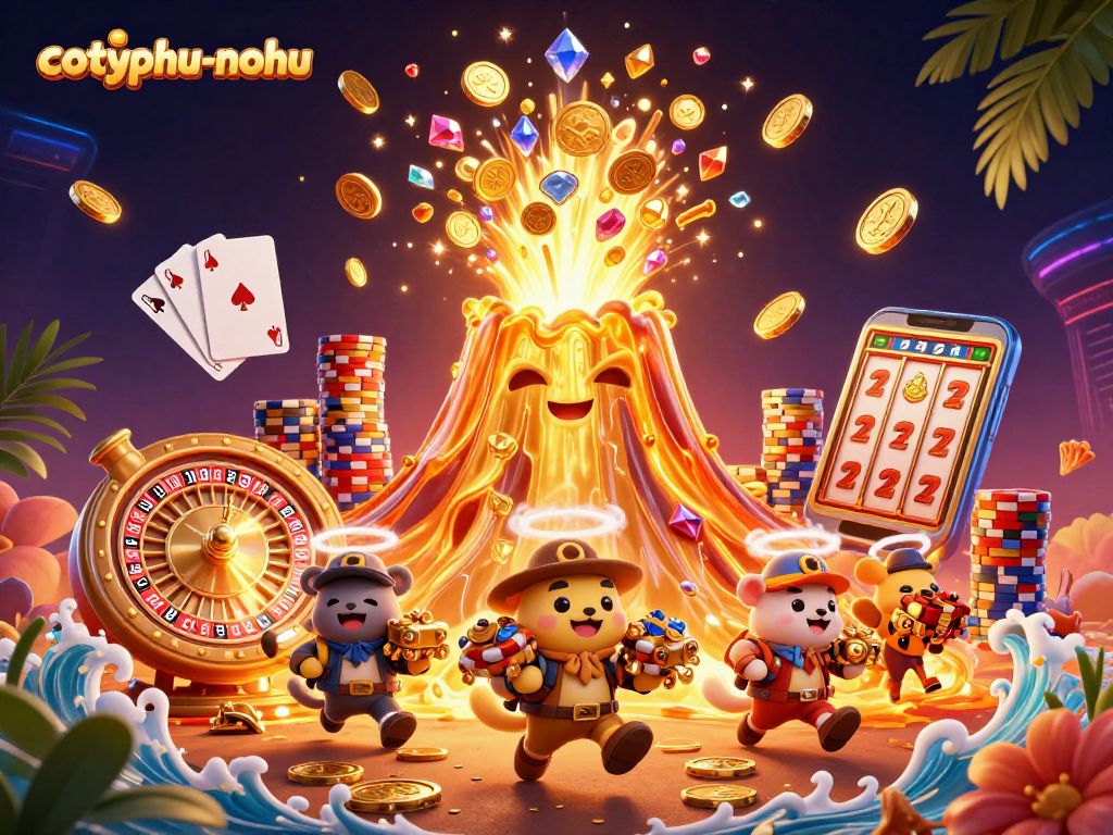 Cotyphu-nohu brings thrilling casino excitement with vibrant treasure-filled scene featuring a golden volcano and tiny explorers.