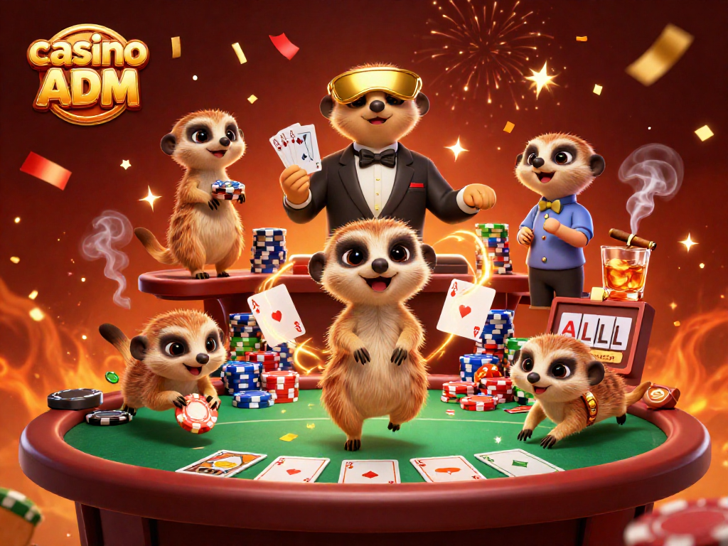 Gioca nel casinò non ADM con un gruppo di suricati in un'illustrazione vivace e colorata.