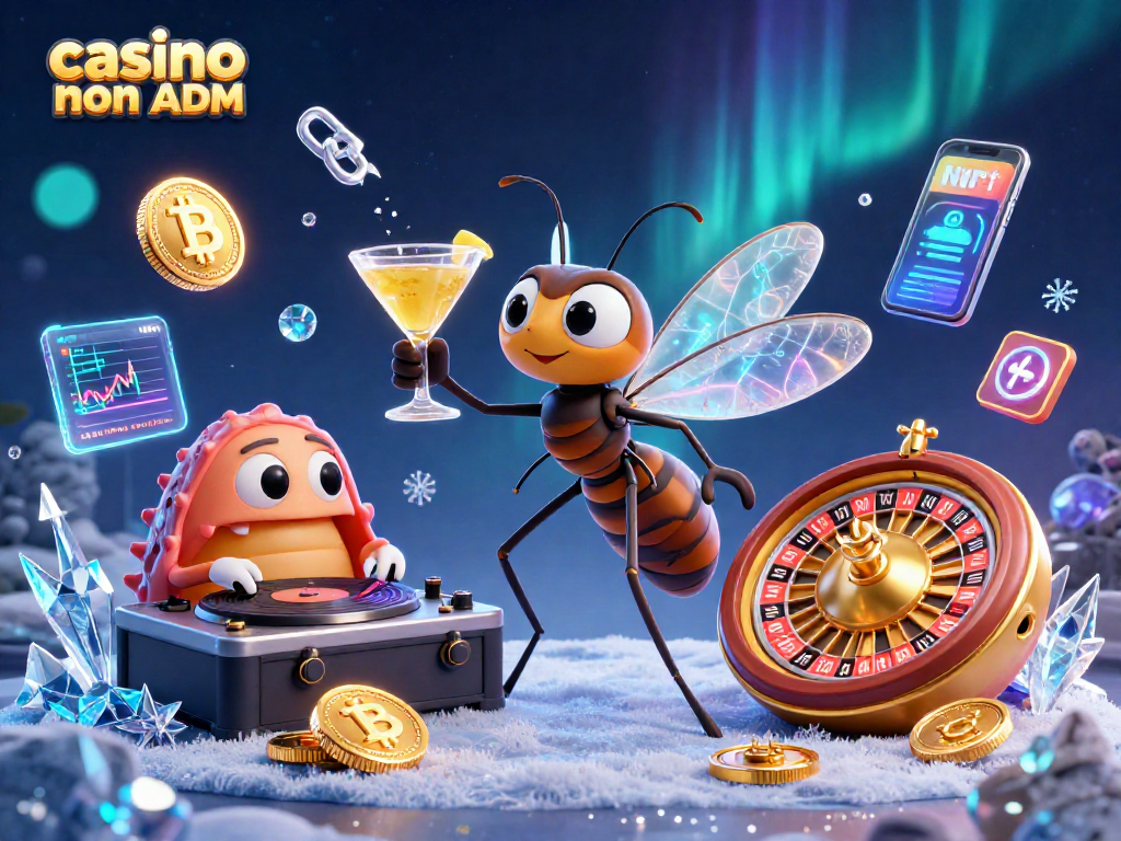 Visualizza il logo di casino non ADM con un'affascinante mascotte e elementi di criptovaluta.
