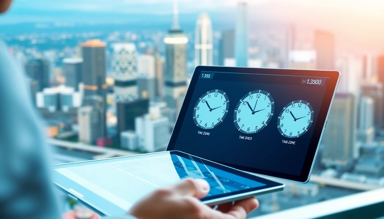 Effortlessly manage AI scheduling with time zones through a digital interface featuring synchronized clocks.