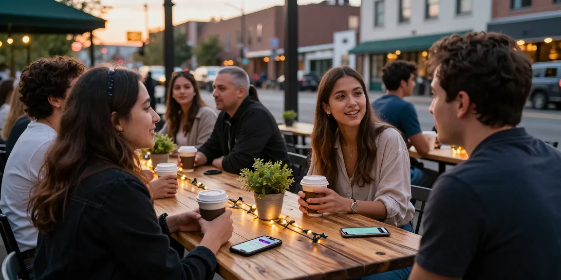 Engaging outdoor dating scene featuring singles connecting over coffee using the HundRoses app.