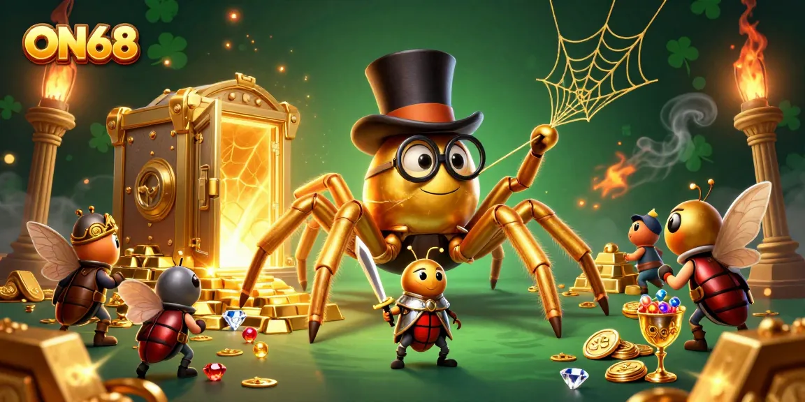 Enjoy thrilling gameplay at ON68 with a golden tarantula and knight in this vibrant casino scene.