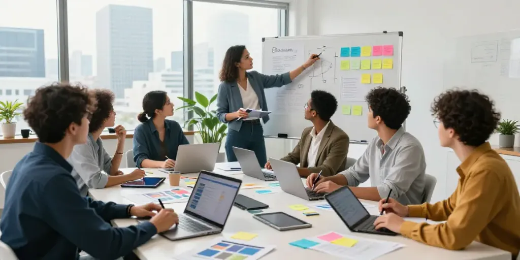 Engaged team discussing AI writing tools for B2B marketers in a modern office setting.