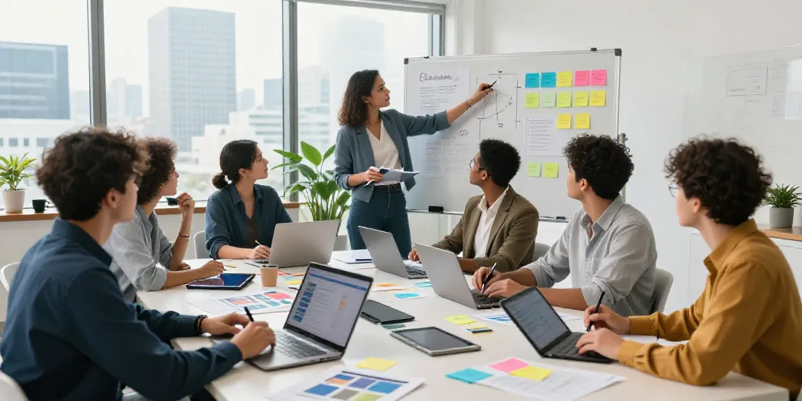Engaged team discussing AI writing tools for B2B marketers in a modern office setting.