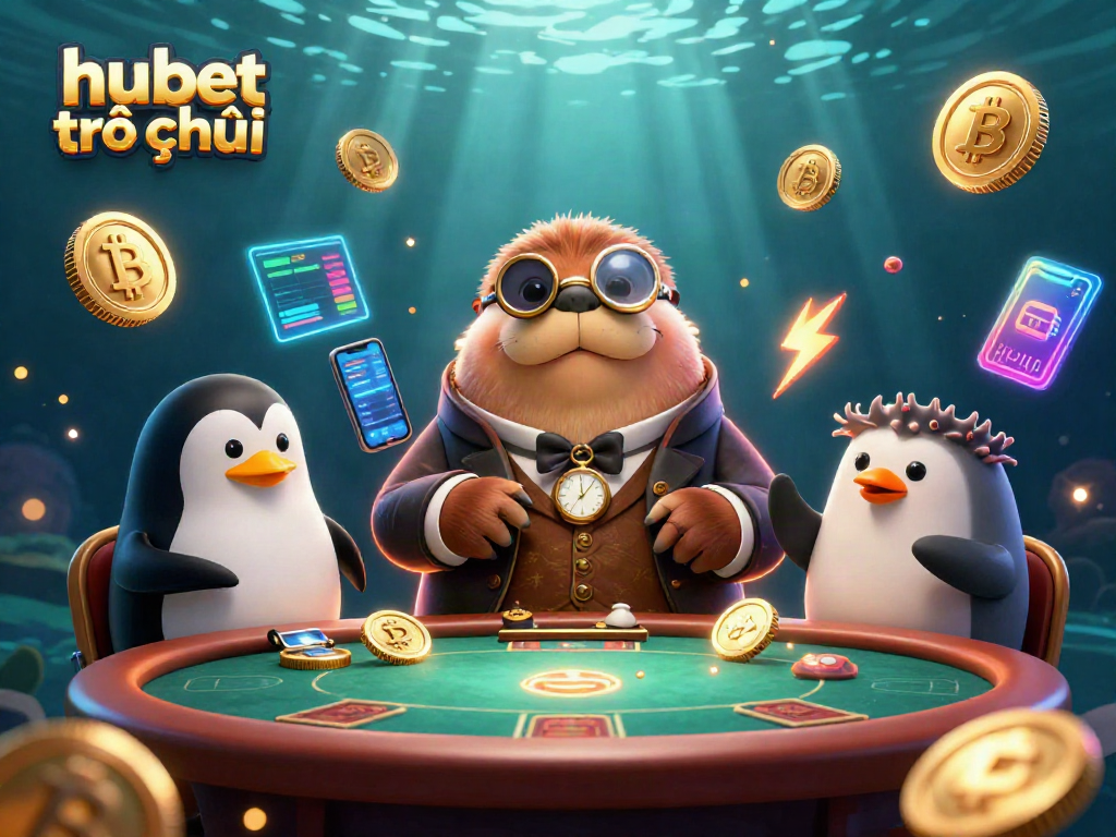 Engage in hubet trò chơi with a strategic poker setup featuring 3D characters and cryptocurrency elements.