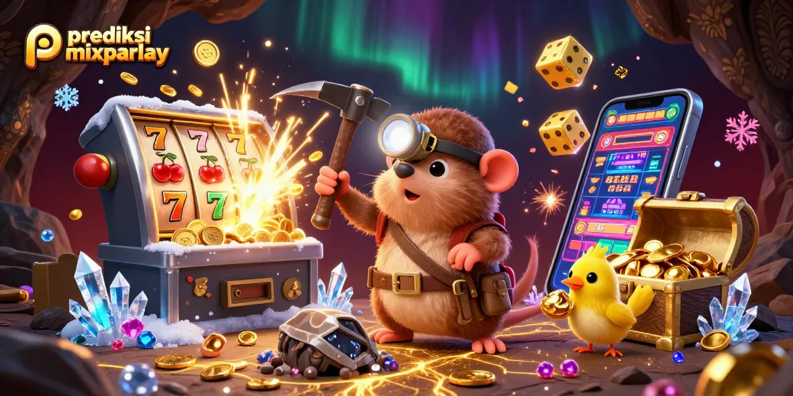 Prediksi mixparlay showcases a treasure hunter mole amid a vibrant casino scene with bursting jackpots.