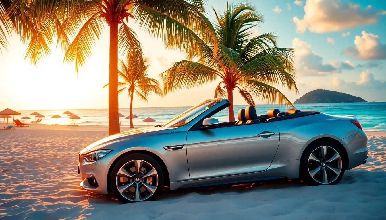 Showcase of a convertible for car hire saint barth against a stunning beach backdrop.