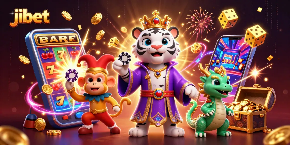 Jibet players enjoying vibrant casino thrills with a royal tiger, jester monkey, and animated dragon.
