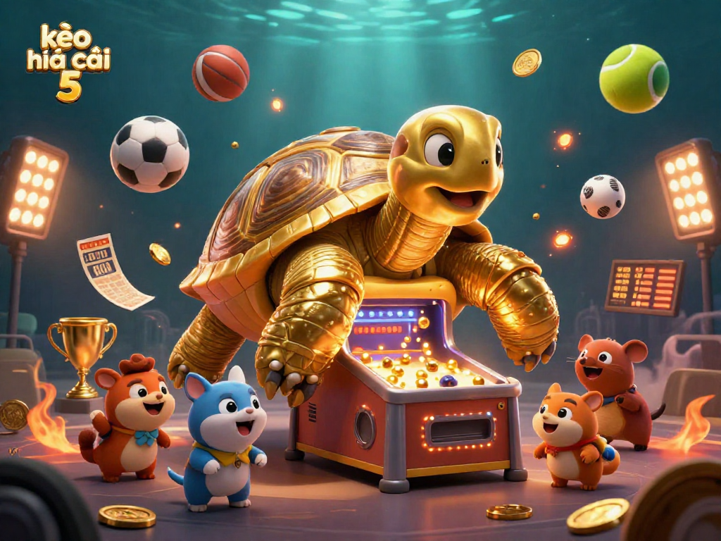 Engage with kèo nhà cái 5 featuring a dynamic golden tortoise pinball machine surrounded by sports balls.