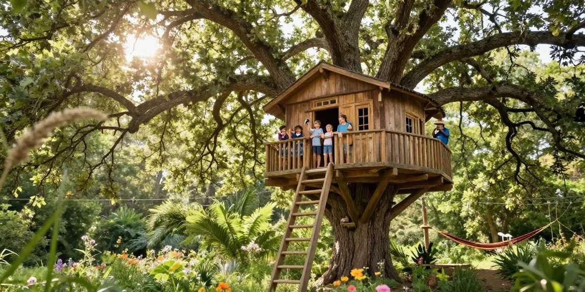 Family enjoying a treehouse adventure in a lush forest setting, capturing joyful moments together.