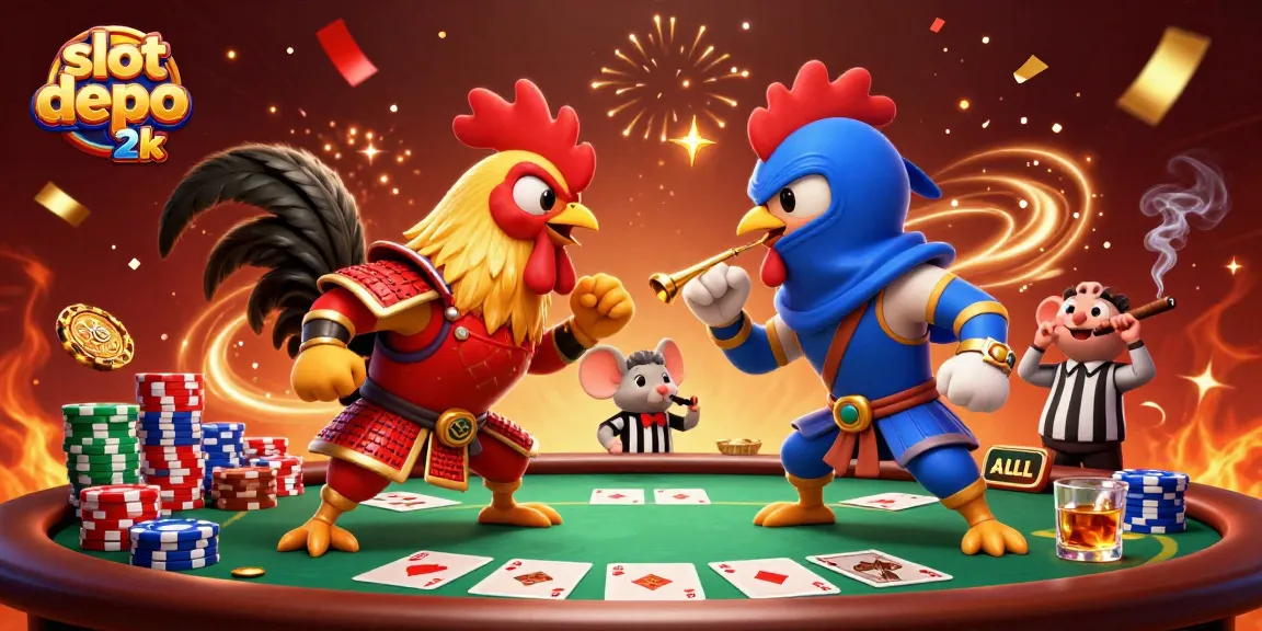 Gambarkan slot depo 2k dengan ayam jantan bertarung dan poker yang dramatis.
