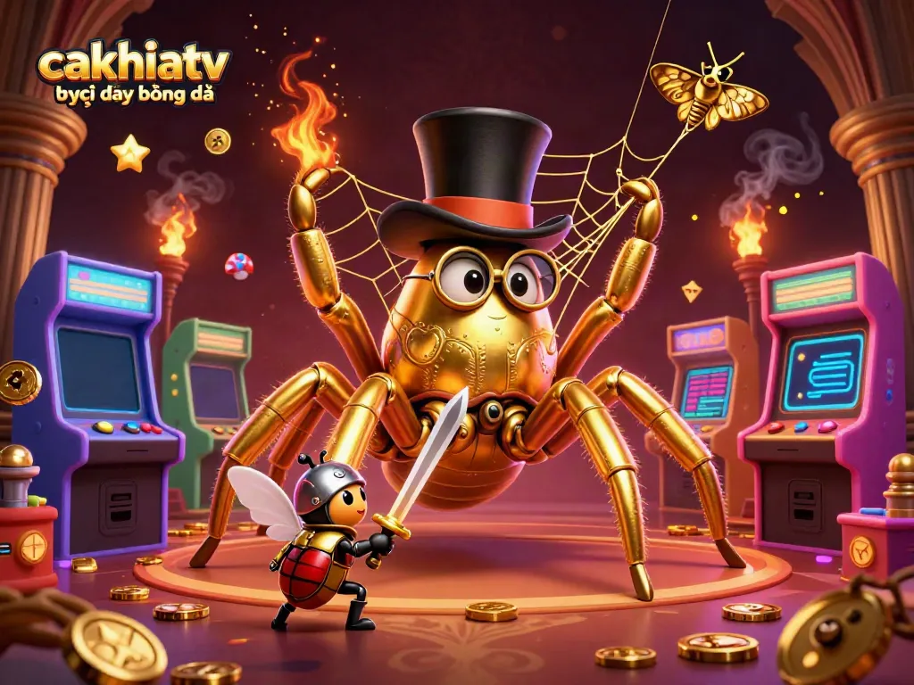 Experience the thrill of cakhiatv trực tiếp bóng đá featuring a golden tarantula and beetle knight in a vibrant casino scene.
