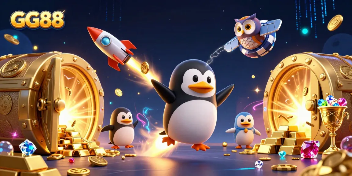 Experience thrilling gameplay at GG88 where a rocket-powered penguin blasts into a vibrant casino space!