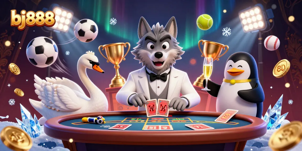 Experience exciting bj888 gaming action with vibrant characters at a baccarat table and dynamic sports elements.