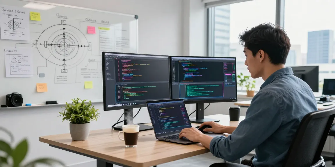 siren.clickn.co.kr/의 혁신적 소프트웨어 개발 환경, 현대적인 사무실에서 코드 작성 중인 개발자 모습