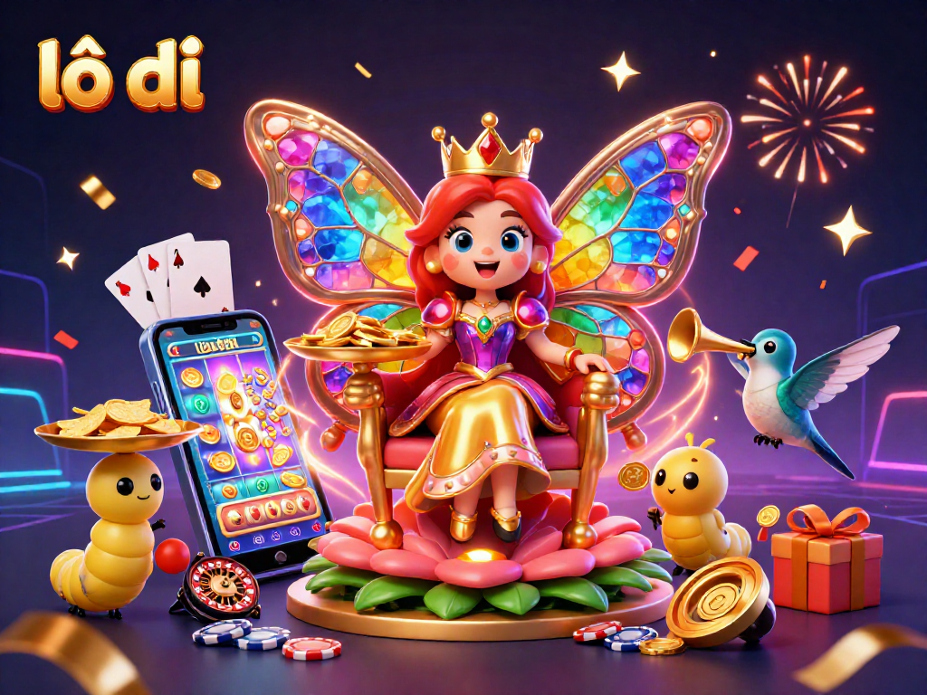 Experience the excitement of lô đề with a vibrant scene featuring a butterfly queen and casino games.